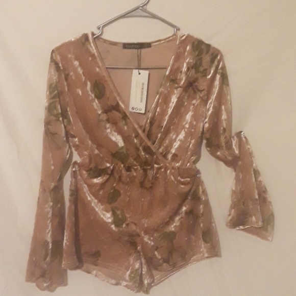 Boohoo Pants - Petite Charlotte Floral Velvet wrap playsuit